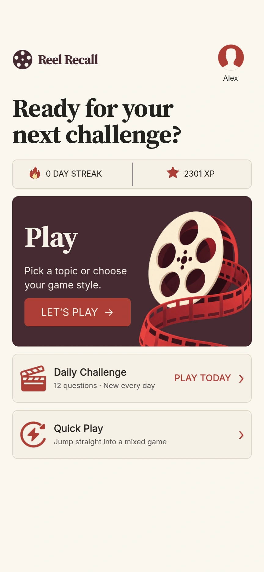 Reel Recall Home with Daily Challenge and Quick Play